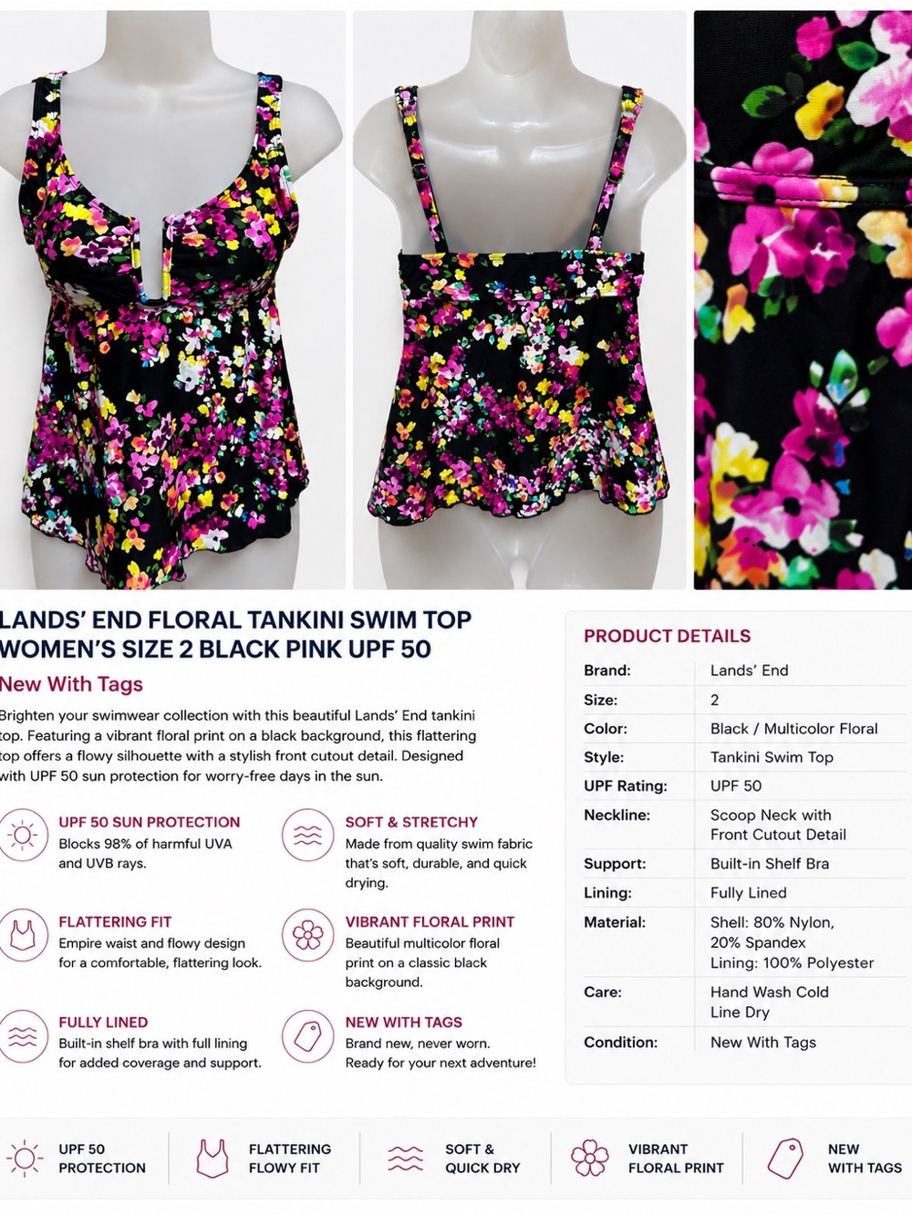Lands' End Black Floral Tankini Top in Pink and Yellow